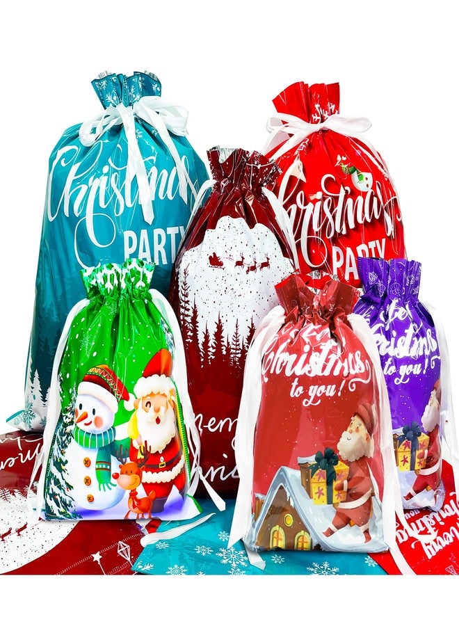 Yunaeduo Drawstring Christmas Gift Bags -30PCS Christmas Bags Assorted Sizes for Presents - Plastic Wrapping Bags Bulk - Xmas Gift Bags, 6 Designs Large/Medium/Small Sizes - Image 1